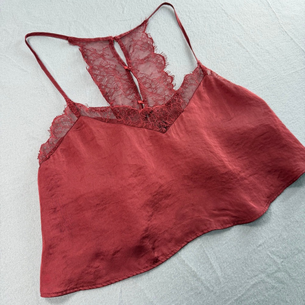 Free People Camisole Women Small Burgundy Lace Racerback Satin Top Date Night - Picture 3 of 6